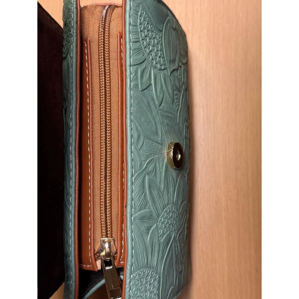 Sage Green Sunflower Embossed Tooled Artisan LEATHER Crossbody Handbag Purse